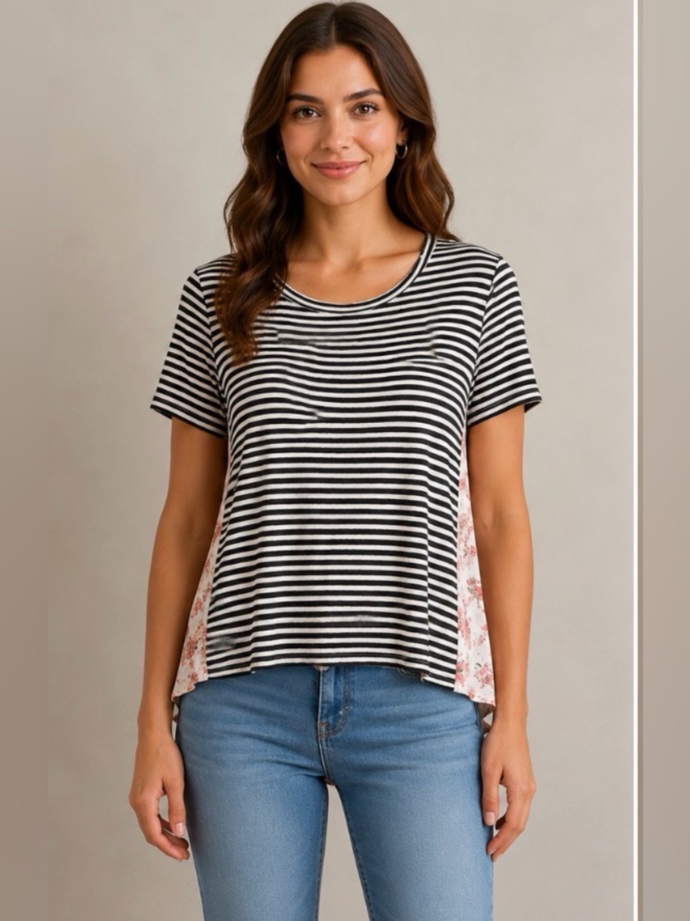 Oddy short sleeve striped floral high/low top